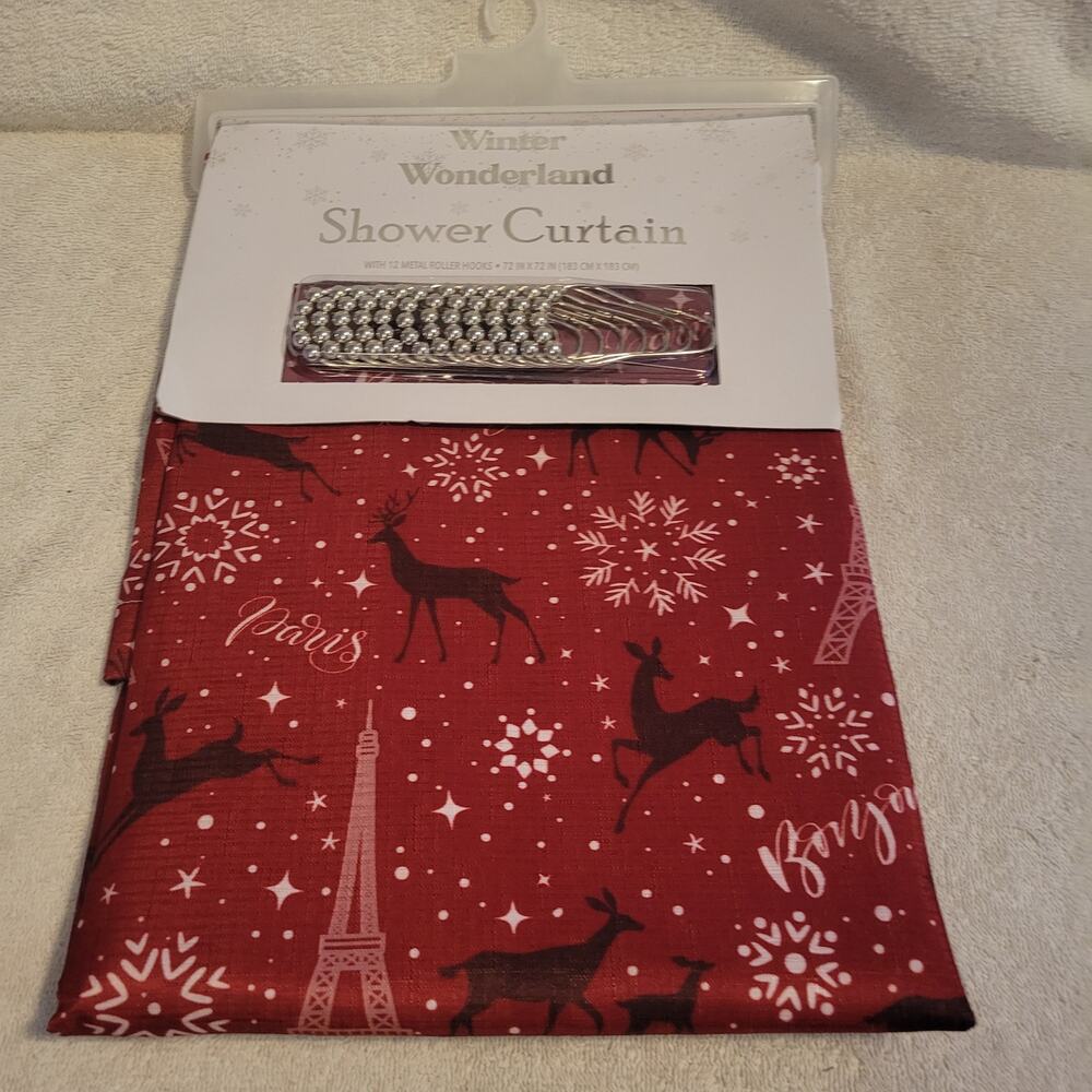 Winter Wonderland Snow Eiffel Tower Reindeer Shower Curtain Set 13 piece NWT